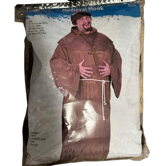 NEW Plus Size Medieval Monk Costume Brown Long One Size  Friar Wig Caplet - Picture 1 of 6